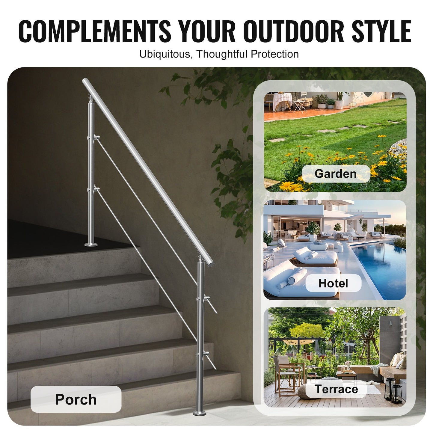 180.1 cm Handrails for Outdoor Steps 2 Crossbars Staircase for Porch Deck