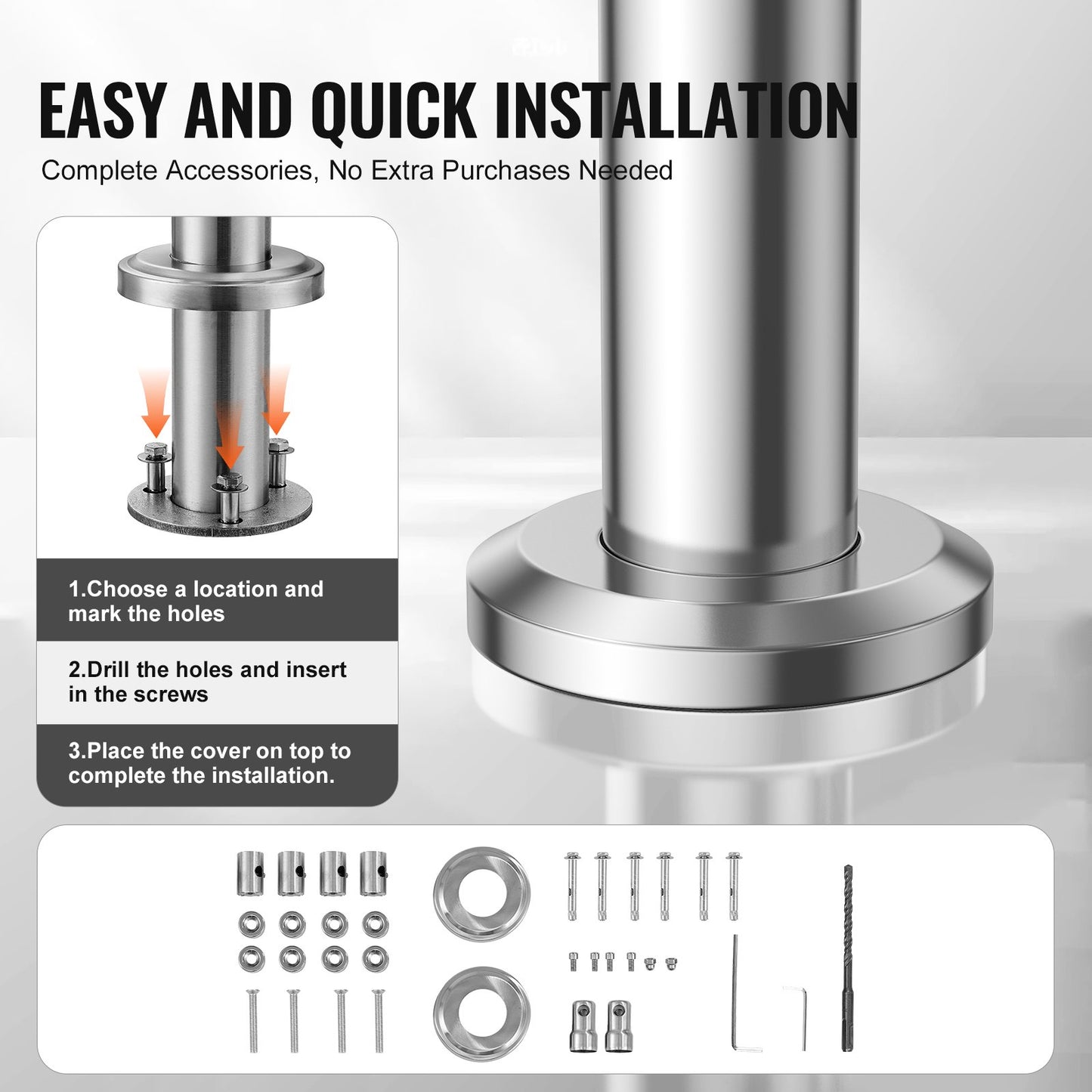 Ledstänger för utomhustrappor, 31,5 tum långa trappräckessats med 2 tvärstänger, övergångsräcken i rostfritt stål med installationssats, trappräcken med dubbla pelare för seniorer, veranda och altan