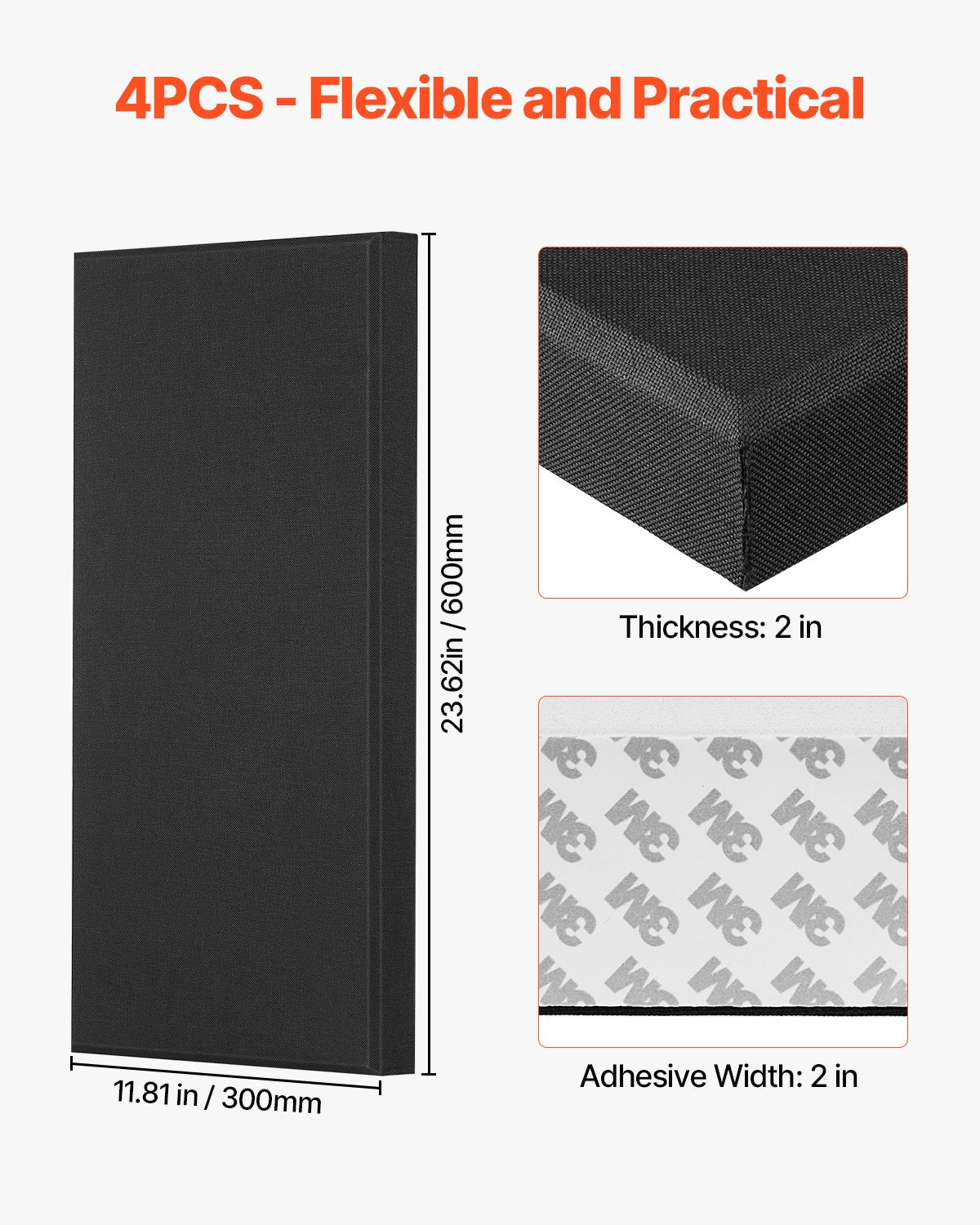 4 st akustiska paneler, 2 tum tjocka, 23,6 x 11,8 tum ljudabsorberande paneler i glasfiber, självhäftande ljudisolerade väggskivor, för studior, kontor, hemmabio, mötesrum, svarta