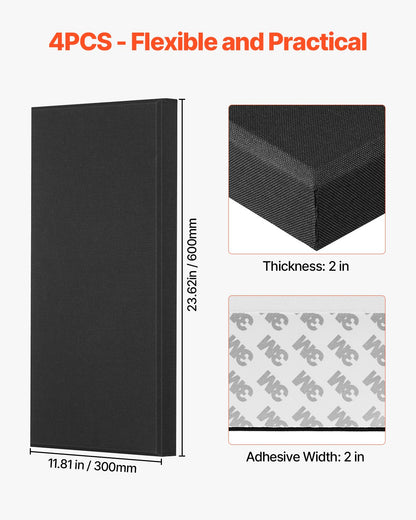 4 st akustiska paneler, 2 tum tjocka, 23,6 x 11,8 tum ljudabsorberande paneler i glasfiber, självhäftande ljudisolerade väggskivor, för studior, kontor, hemmabio, mötesrum, svarta