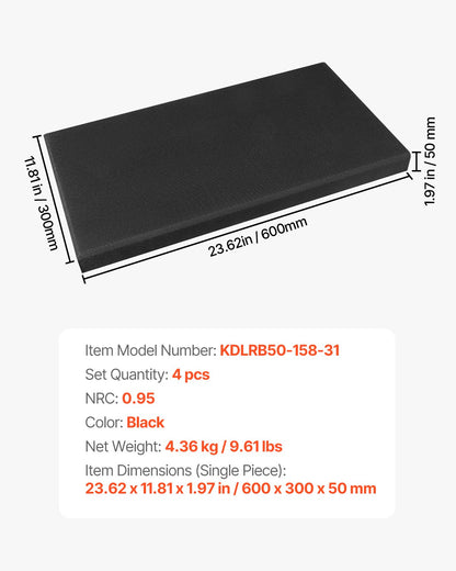 4 st akustiska paneler, 2 tum tjocka, 23,6 x 11,8 tum ljudabsorberande paneler i glasfiber, självhäftande ljudisolerade väggskivor, för studior, kontor, hemmabio, mötesrum, svarta