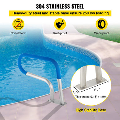 Pool Rail 30x22" Pool Railing 304 Stainless Steel 250LBS Load Capacity Silver Rustproof Pool Handrail Humanized Swimming Pool Handrail with Blue Grip Cover & M8 Drill Bit & Self-taping Screws