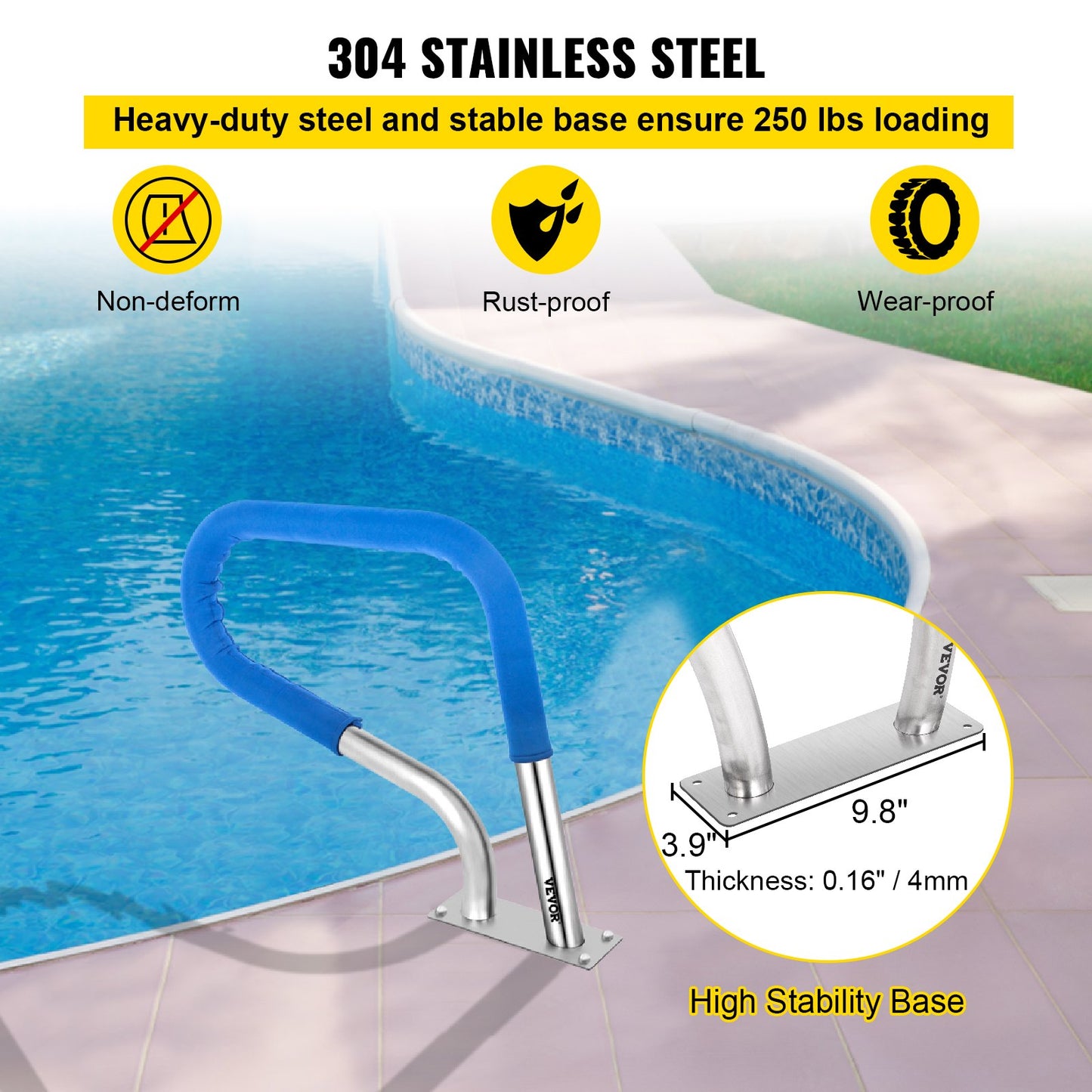 Pool Rail 32x23" Pool Railing 304 Stainless Steel 250LBS Load Capacity Silver Rustproof Pool Handrail Humanized Swimming Pool Handrail with Blue Grip Cover & M8 Drill Bit & Self-taping Screws