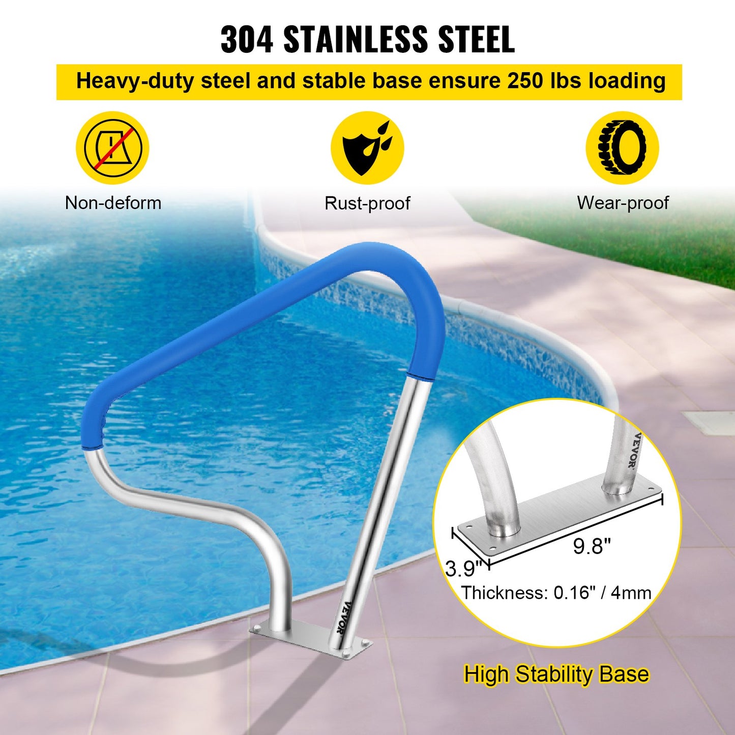 Pool Rail 39x32" Pool Railing 304 Stainless Steel 250LBS Load Capacity Silver Rustproof Pool Handrail Humanized Swimming Pool Handrail with Blue Grip Cover & M8 Drill Bit & Self-taping Screws