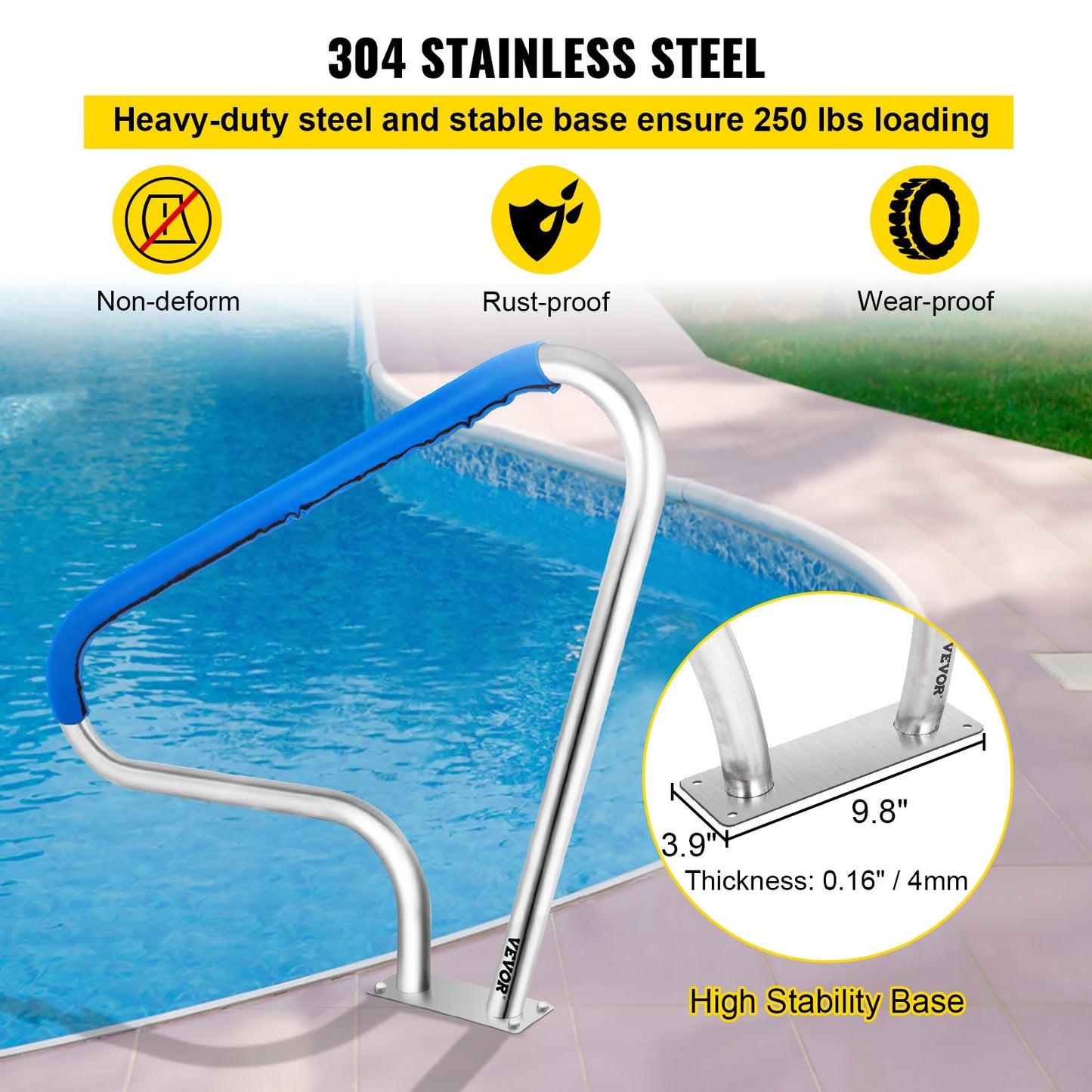 Pool Rail 48x36" Pool Railing 304 Stainless Steel 250LBS Load Capacity Silver Rustproof Pool Handrail Humanized Swimming Pool Handrail with Blue Grip Cover & M8 Drill Bit & Self-taping Screws