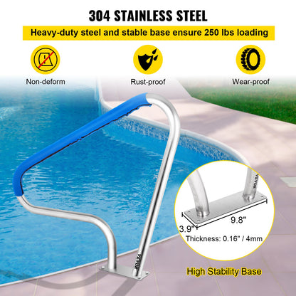 Pool Rail 48x36" Pool Railing 304 Stainless Steel 250LBS Load Capacity Silver Rustproof Pool Handrail Humanized Swimming Pool Handrail with Blue Grip Cover & M8 Drill Bit & Self-taping Screws