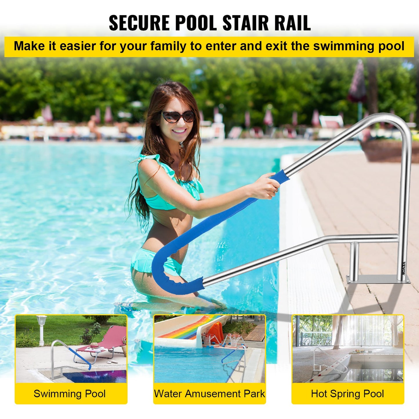 Pool Rail 54x36" Pool Railing 304 Stainless Steel 250LBS Load Capacity Silver Rustproof Pool Handrail Humanized Swimming Pool Handrail with Blue Grip Cover & M8 Drill Bit & Self-taping Screws