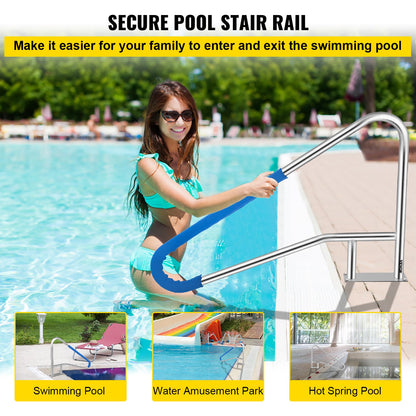 Pool Rail 54x36" Pool Railing 304 Stainless Steel 250LBS Load Capacity Silver Rustproof Pool Handrail Humanized Swimming Pool Handrail with Blue Grip Cover & M8 Drill Bit & Self-taping Screws