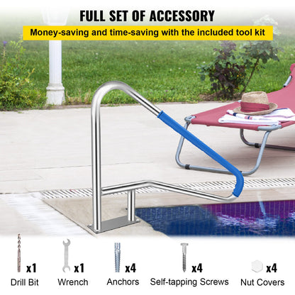 Pool Rail 54x36" Pool Railing 304 Stainless Steel 250LBS Load Capacity Silver Rustproof Pool Handrail Humanized Swimming Pool Handrail with Blue Grip Cover & M8 Drill Bit & Self-taping Screws