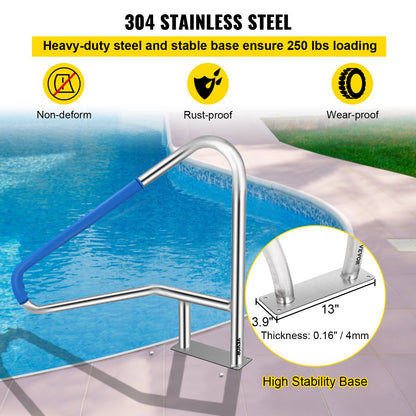 Pool Rail 139.7x81.3 cm Pool Railing 304 Stainless Steel 113.4 kg Load Capacity Silver Rustproof Pool Handrail Humanized Swimming Pool Handrail with Blue Grip Cover & M8 Drill Bit & Self-taping Screws