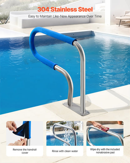 Pool Rail, 78.8 x 55.8 cm Pool Handrail, 100kg Load Capacity Heavy Duty 304 Stainless Steel Swimming Handrail, Detachable Nonslip Sleeve, Rich Accessories, for Poolside, Water Parks， Spa Centers