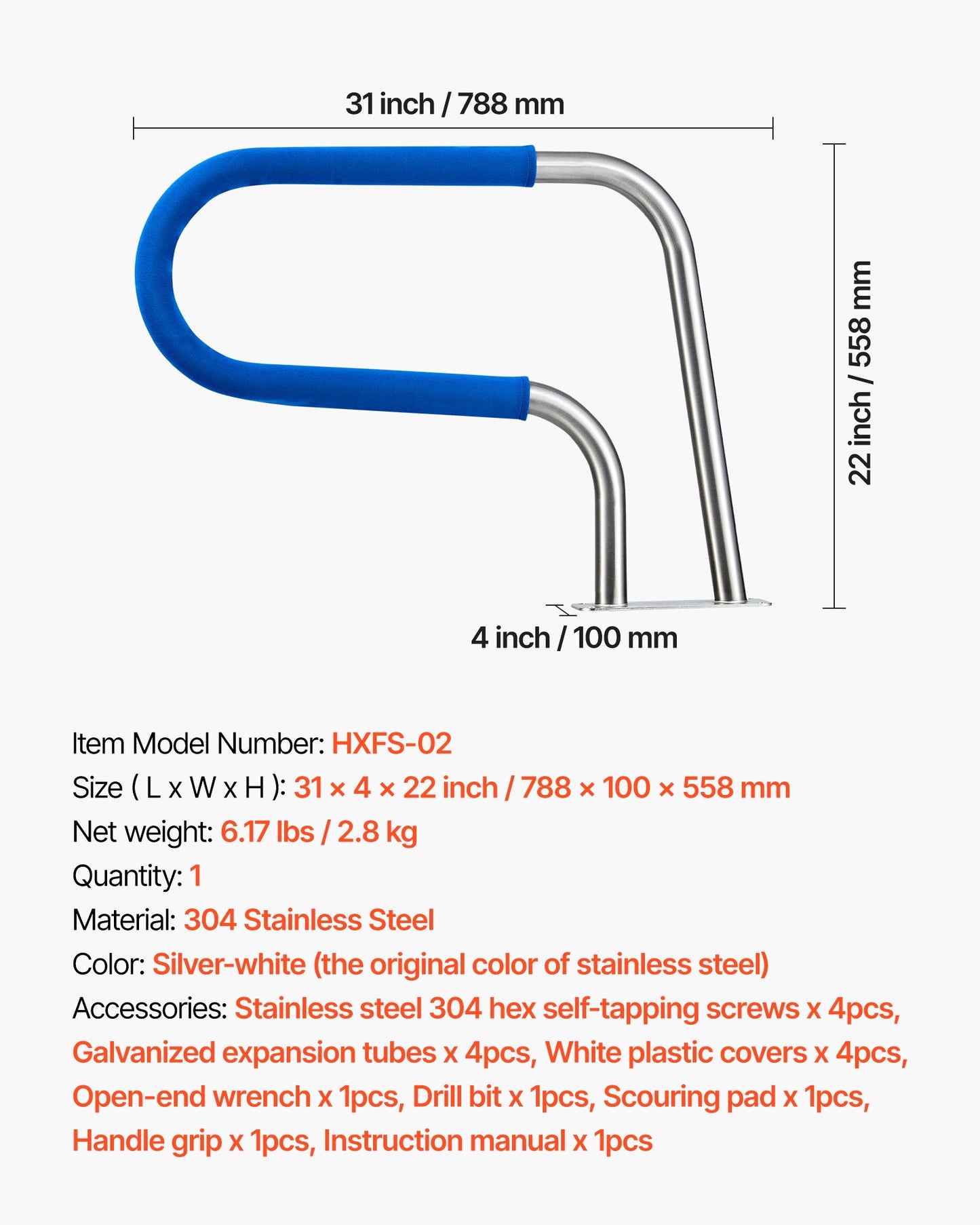 Pool Rail, 78.8 x 55.8 cm Pool Handrail, 100kg Load Capacity Heavy Duty 304 Stainless Steel Swimming Handrail, Detachable Nonslip Sleeve, Rich Accessories, for Poolside, Water Parks， Spa Centers