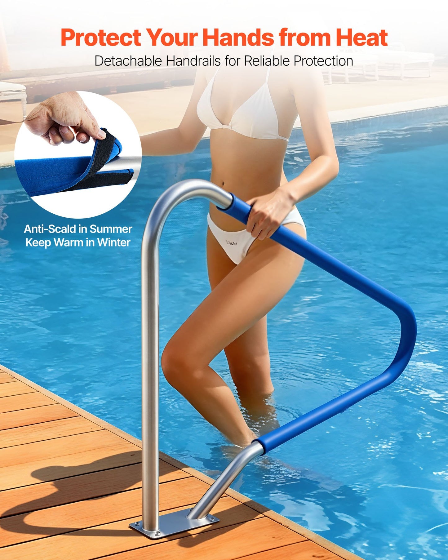 Pool Rail, 122 x 91.5 cm Pool Handrail, 100kg Load Capacity Heavy Duty 304 Stainless Steel Swimming Handrail, Detachable Nonslip Sleeve, Rich Accessories, for Poolside, Water Parks, Spa Centers
