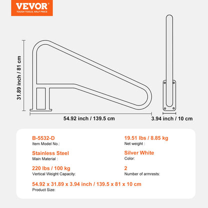 Poolräcke, 2 st. 55 x 32 tum poolräcke, rostfritt stål med bottenplatta för inomhus-/utomhuspooler, poolräcke för däck, rostfritt stödhandtag med greppskydd och tillbehör för spa