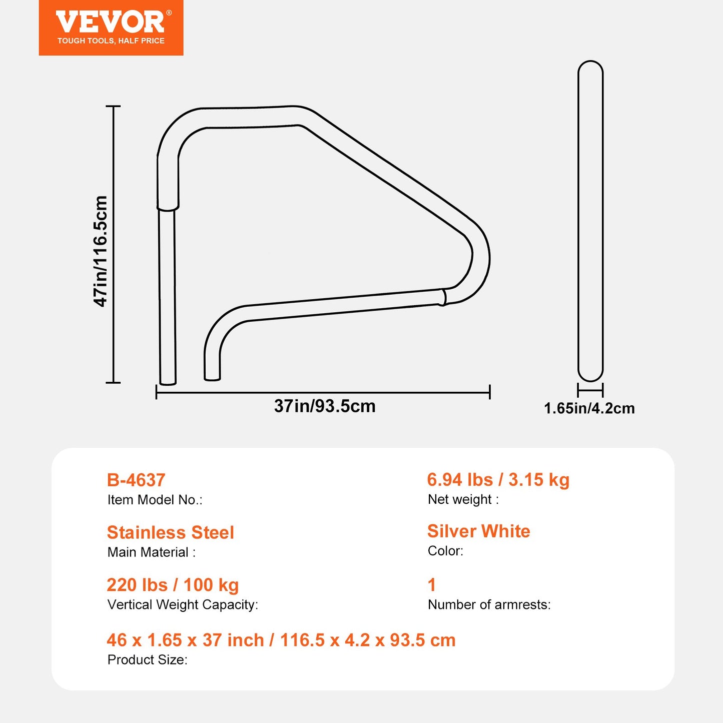 Poolräcke, 46 x 37 tum poolräcke, rostfritt stål (förbyggt) för inomhus-/utomhuspooler, poolräcke för däck, rostfritt stödhandtag med blått greppskydd och tillbehör för spa