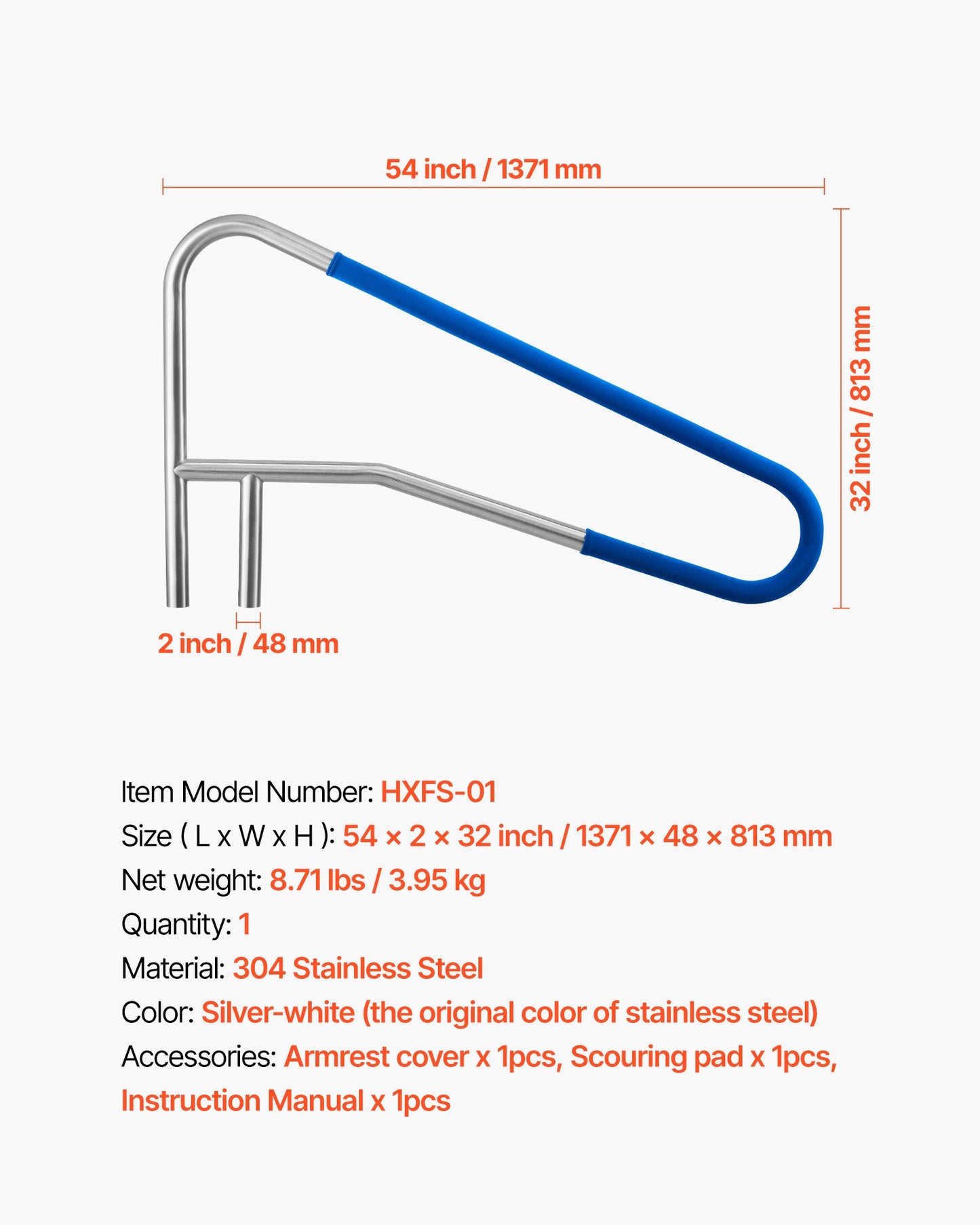 Pool Rail, 137.1 x 81.3 cm Pool Handrail, 100kg Load Capacity Heavy Duty 304 Stainless Steel Swimming Handrail, Detachable Nonslip Sleeve, Recessed or Base Mount, for Poolside, Water Parks