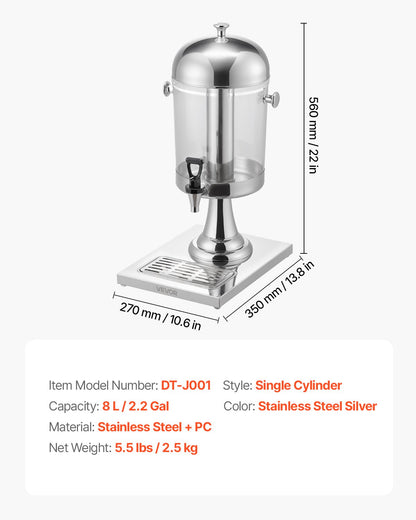 Dryckesdispenser, 8L dryckesdispenser för fester, juicedispensrar i rostfritt stål + plast med kran och isbricka, iste-citronjuicedispensrar, för restauranger, hotell