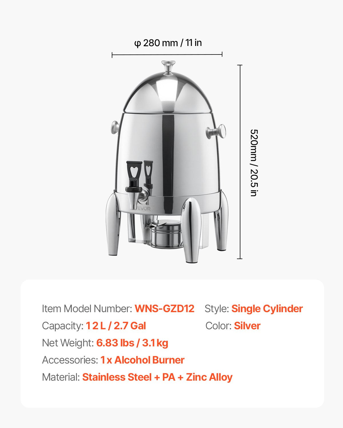 Dryckesdispenser i rostfritt stål, 12L dryckesdispenser med alkoholbrännare, varma och kalla dryckesdispensrar för kaffe, te, varmt vatten, med isrör, för restauranger, hotell, fester