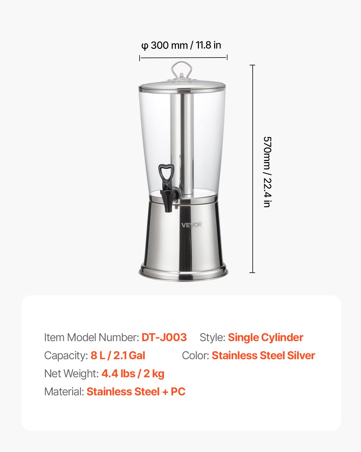 Dryckesdispenser, 8L dryckesdispenser för fester, juicedispensrar i rostfritt stål + plast med kran och isbehållare, iste-citronjuice-vattendispensrar, för restauranger, hotell