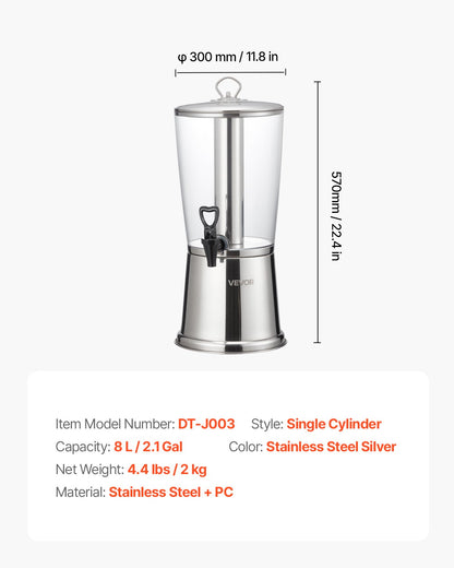 Dryckesdispenser, 8L dryckesdispenser för fester, juicedispensrar i rostfritt stål + plast med kran och isbehållare, iste-citronjuice-vattendispensrar, för restauranger, hotell