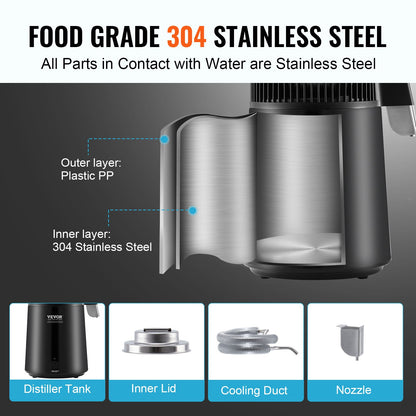 4L Water Distiller Purifier Machine Countertop Stainless Steel Interior