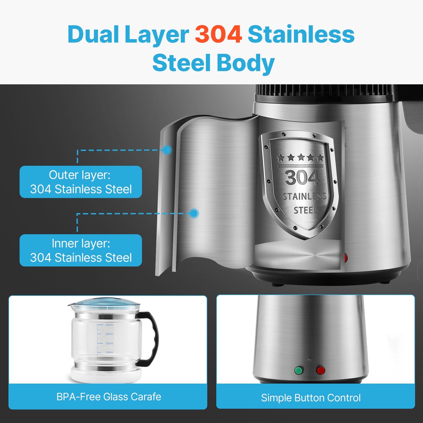 4L Water Distiller Purifier Machine Countertop Stainless Steel Interior