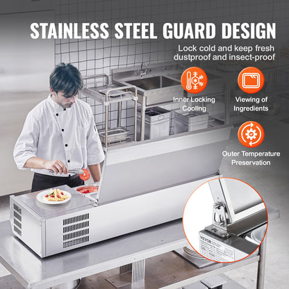 Kyld kryddstation, 150 W kyld kryddstation för bänkskiva, med 3 1/3-formar och 4 1/6-formar, hölje i 304 rostfritt stål och PC-lock, sandwichbord med rostfritt stålskydd, CE