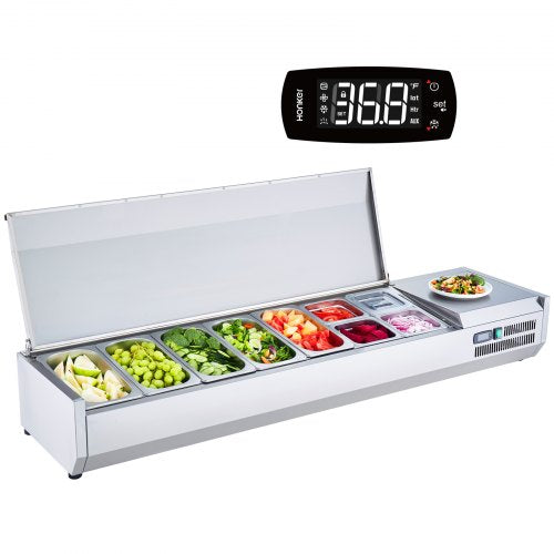 Refrigerated Condiment Prep Station, 165 W Countertop Refrigerated Condiment Station, with 5 1/3 Pans & 4 1/6 Pans, 304 Stainless Body and PC Lid, Sandwich Prep Table with Stainless Guard, CE