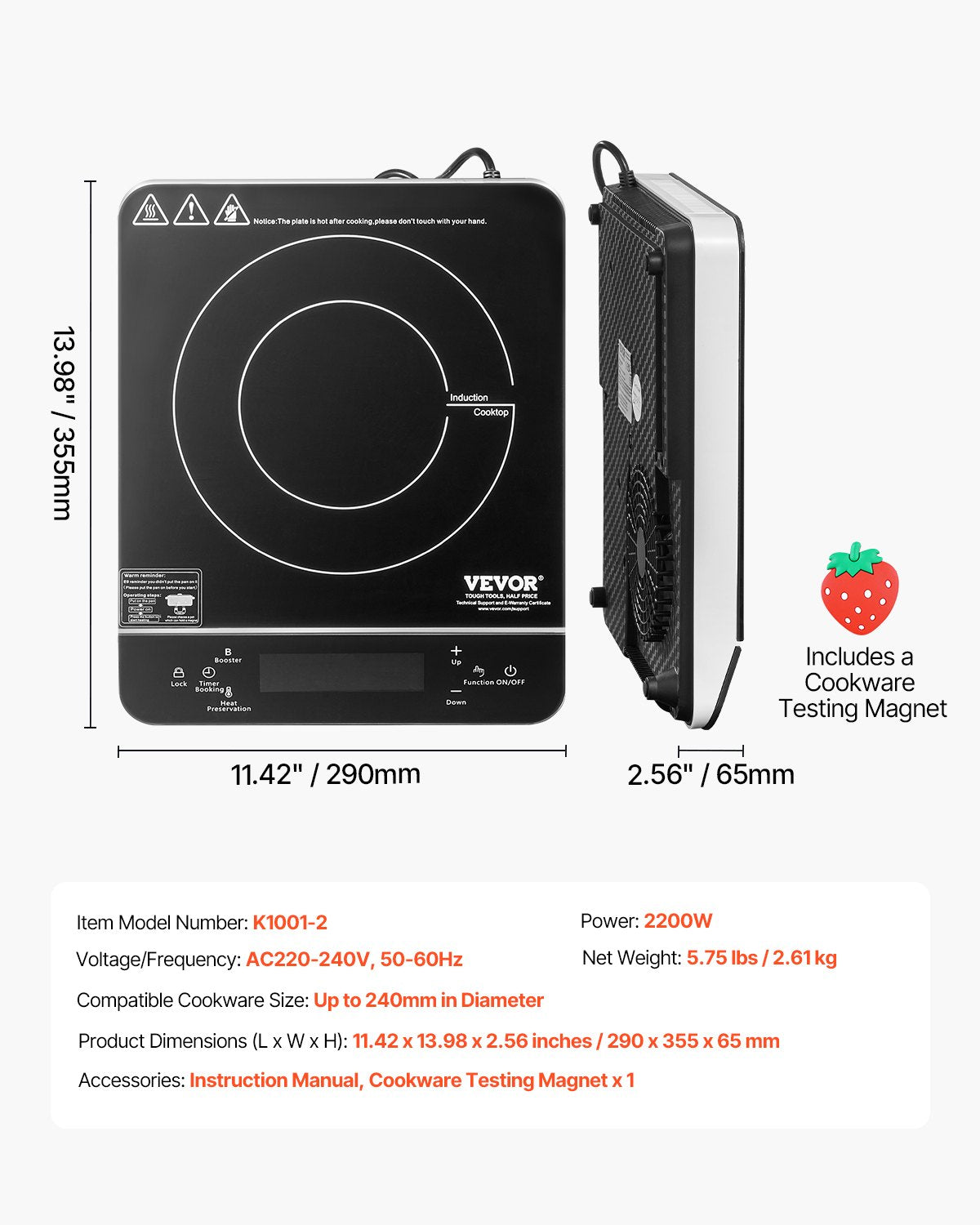 Bärbar induktionshäll, 2200W elektrisk induktionsbrännare med 9 temperaturinställningar, induktionsvärmeplatta för bänkskiva med 4 timmars timer, 24 timmars reservation, barnlås, lätt att rengöra, för matlagning
