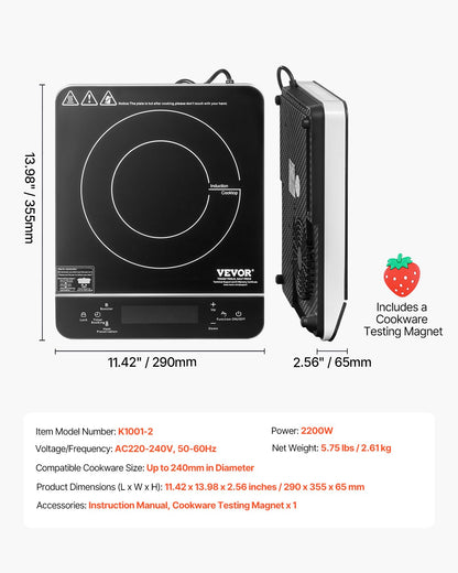 Bärbar induktionshäll, 2200W elektrisk induktionsbrännare med 9 temperaturinställningar, induktionsvärmeplatta för bänkskiva med 4 timmars timer, 24 timmars reservation, barnlås, lätt att rengöra, för matlagning