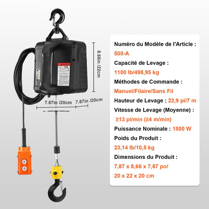 3-in-1 Portable Electric Hoist Winch 499 kg Wired/Wireless Remote Control