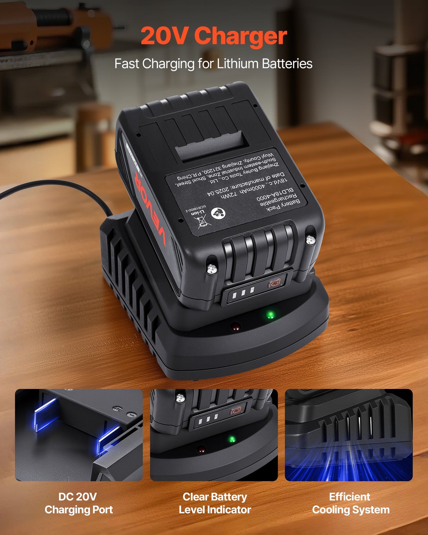 20V MAX, Bärbart batteri och laddare-kombination, AC 220V, 4,0 Ah litiumjonbatteri, 4000 mAh stor kapacitet, förlängd drifttid, kompatibel med serieverktyg, för utbyte och snabbladdning