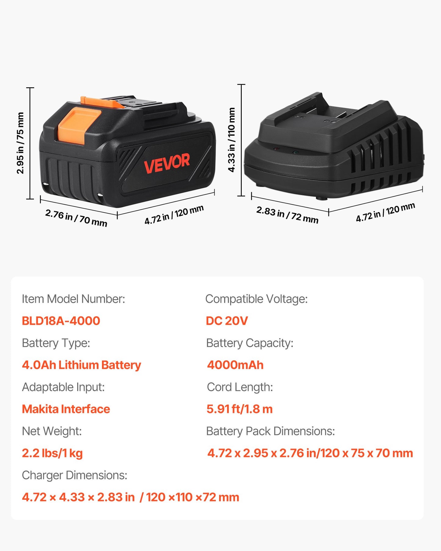20V MAX, Bärbart batteri och laddare-kombination, AC 220V, 4,0 Ah litiumjonbatteri, 4000 mAh stor kapacitet, förlängd drifttid, kompatibel med serieverktyg, för utbyte och snabbladdning