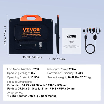 Bärbar monokristallin solpanel, 200W hopfällbar monokristallin ETFE-solladdare, solpanel med 23 % effektivitet och MC4-utgång, IP67 vattentät för kraftverk, camping, vandring, off-grid