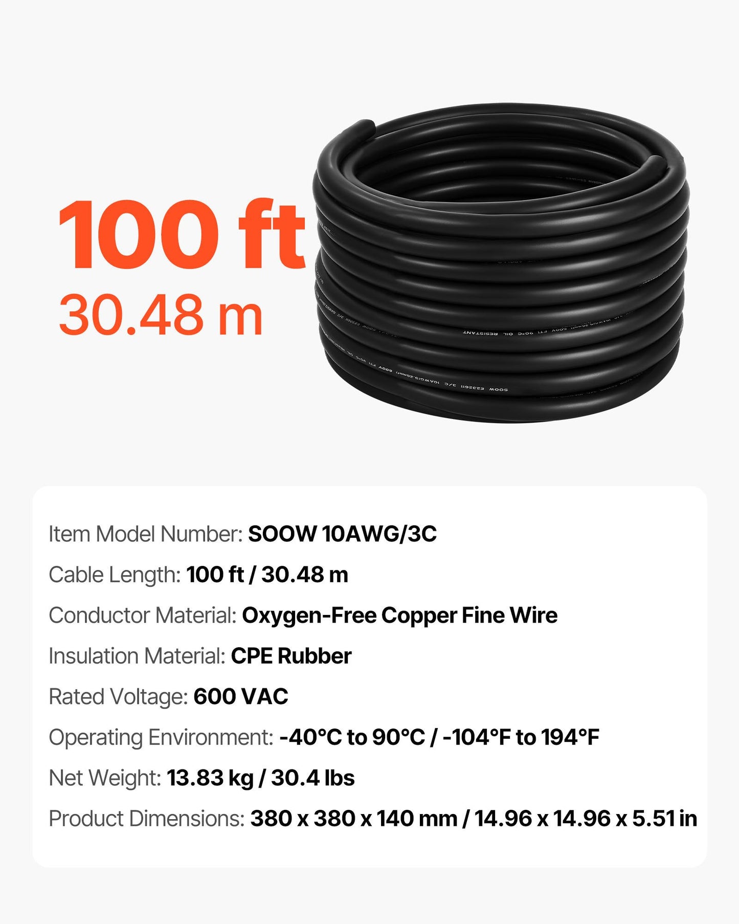 100 FT (30,48 m) 10AWG (6 mm²) premium elektrisk strömkabel kopparförlängningssladd