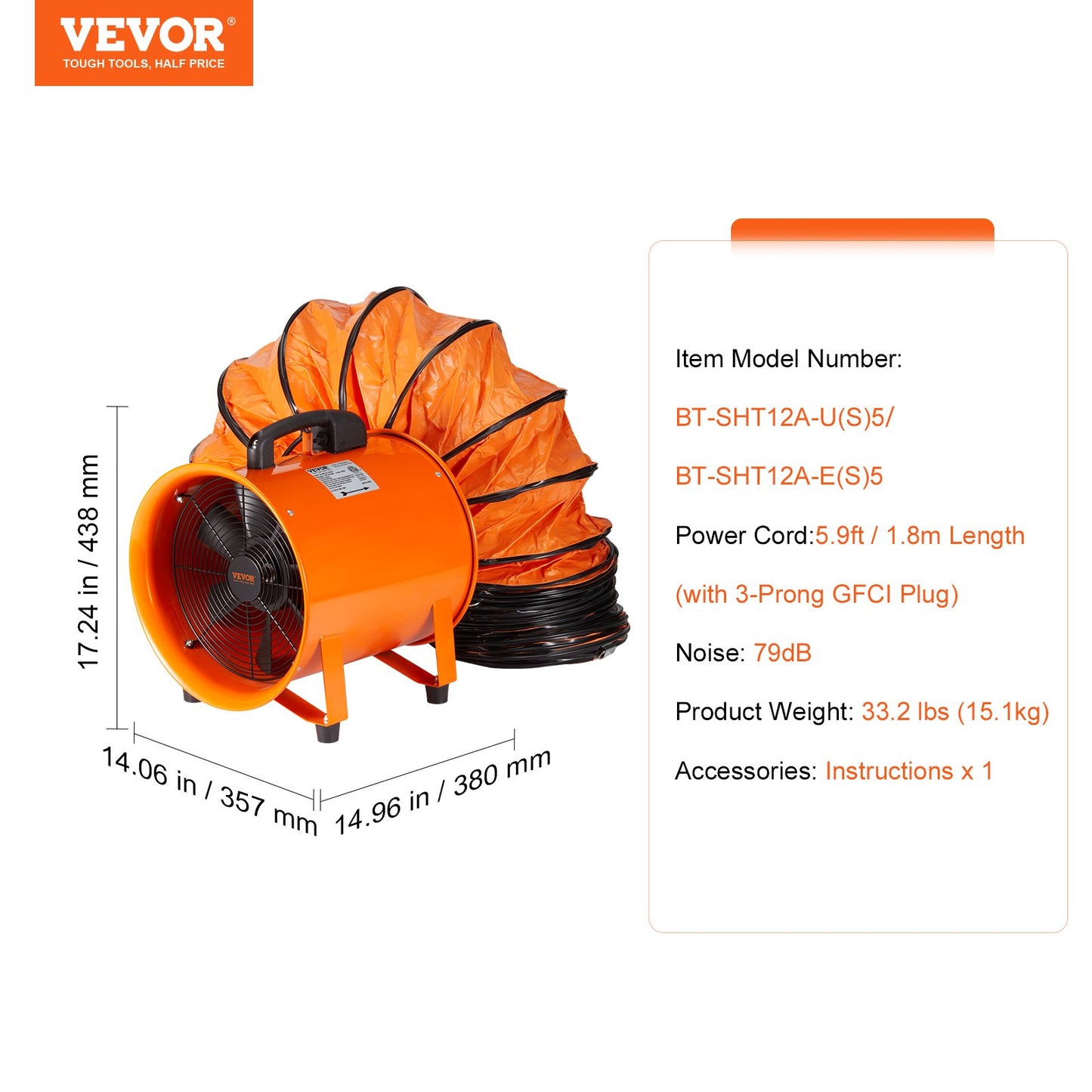 Portable Ventilator, 304.8mm Heavy Duty Cylinder Fan with 5m Duct Hose, 367W Strong Shop Exhaust Blower 2574CFM, Industrial Utility Blower for Sucking Dust, Smoke, Smoke Home/Workplace