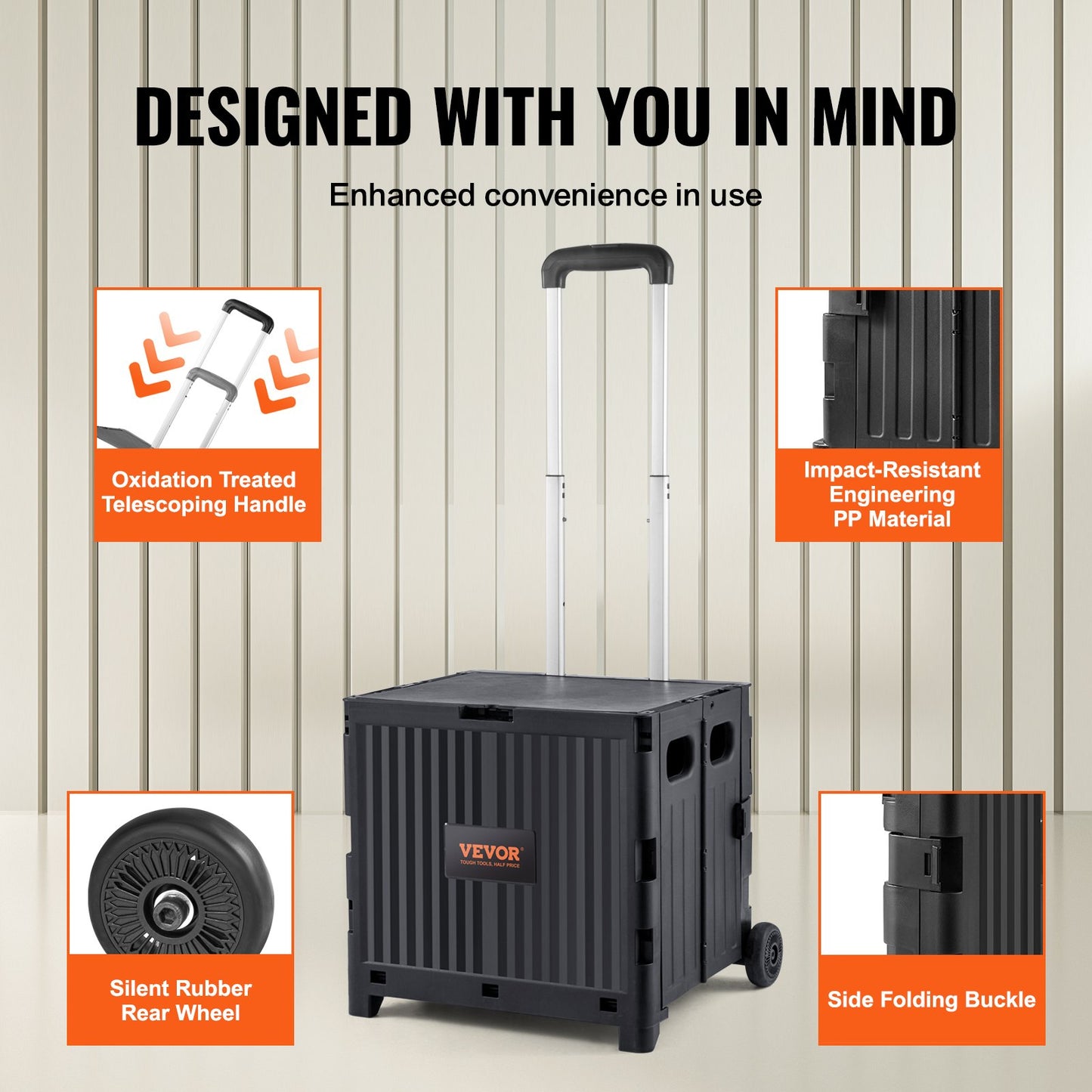 Hopfällbar verktygsvagn, 36 kg lastkapacitet, hopfällbar bärbar rullande låda med hållbart, kraftigt teleskophandtag och 2 hjul för resor, shopping, flytt av bagage, kontorsbruk, svart