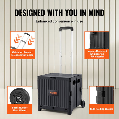 Hopfällbar verktygsvagn, 36 kg lastkapacitet, hopfällbar bärbar rullande låda med hållbart, kraftigt teleskophandtag och 2 hjul för resor, shopping, flytt av bagage, kontorsbruk, svart