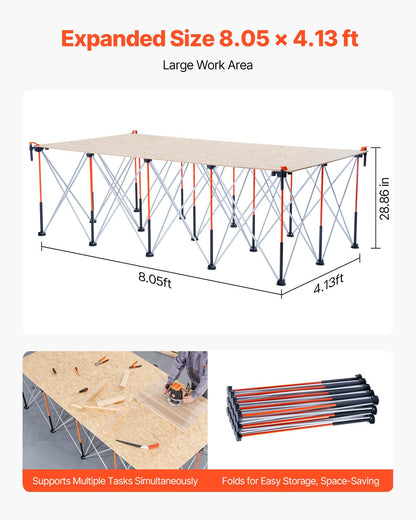 Bärbart hopfällbart arbetsställ, 2455 x 1260 mm hopfällbar arbetsbänk, 2724 kg viktkapacitet, ingen montering. Hopfällbart arbetsställ med förvaringsväska, bordsskiva ingår ej, för garage, verkstad och utomhusbruk.