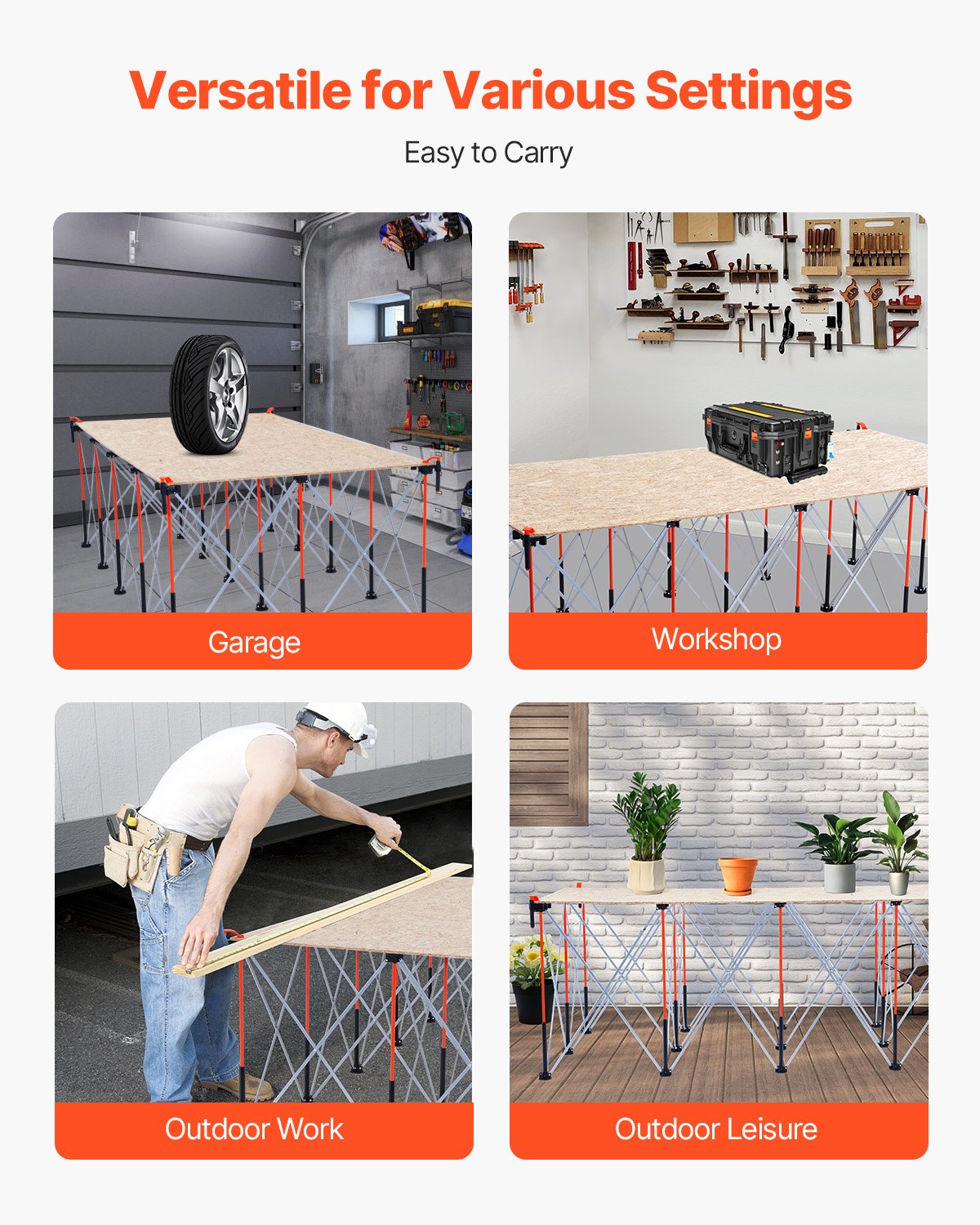 Bärbart hopfällbart arbetsställ, 2455 x 1260 mm hopfällbar arbetsbänk, 2724 kg viktkapacitet, ingen montering. Hopfällbart arbetsställ med förvaringsväska, bordsskiva ingår ej, för garage, verkstad och utomhusbruk.