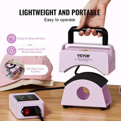 Hat Press Machine, Mini Hat Heat Press for Caps with Integrated Control Panel, Cap Heat Press Machine with 5.9x3.15 inch Curved Heating Plate, Safety Base, and Glove, Automatic Shut-Off, Purple