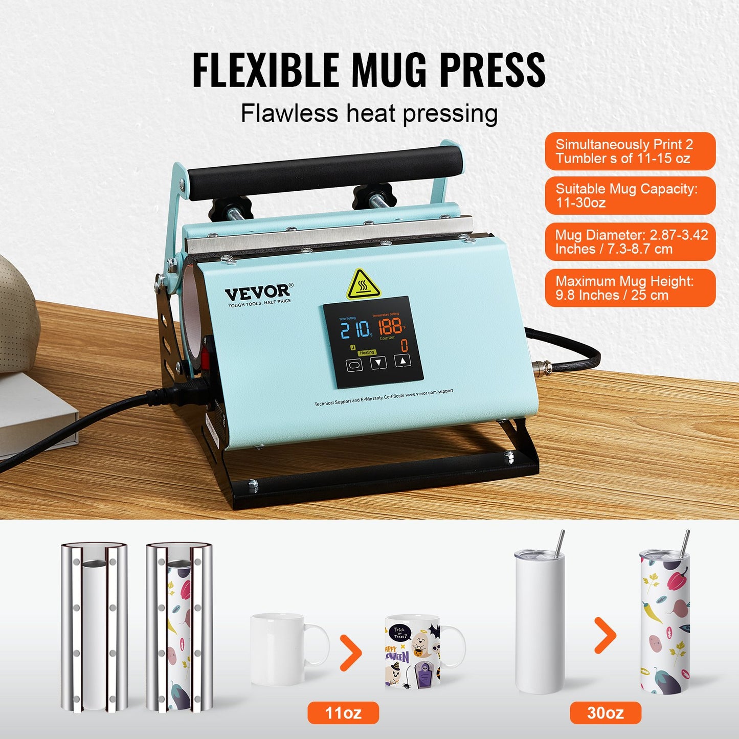 2-i-1 värmepress för tumlare och hattar, minivärmepress för hattar och mössor, tumlarvärmepress för 11-30oz sublimeringstumlare och muggar, temperatur- och tidskontroll, grön