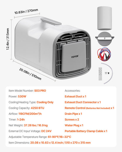 Portable Air Conditioner, 4250 BTU 3-Speed Air Conditioning Unit with 24H Timer, Air Portable AC Adjustable from 16-32℃, Compatible with AC/DC, for Outdoor Tent Camping, RVs or Home Use, White