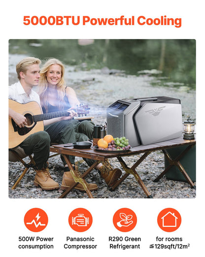 Portable Air Conditioner, 5000 BTU 3-Speed Air Conditioning Unit with 24H Timer, Air Portable AC Adjustable from 16-32℃, Compatible with AC/DC for Outdoor Tent Camping, RVs or Home Use, Grey