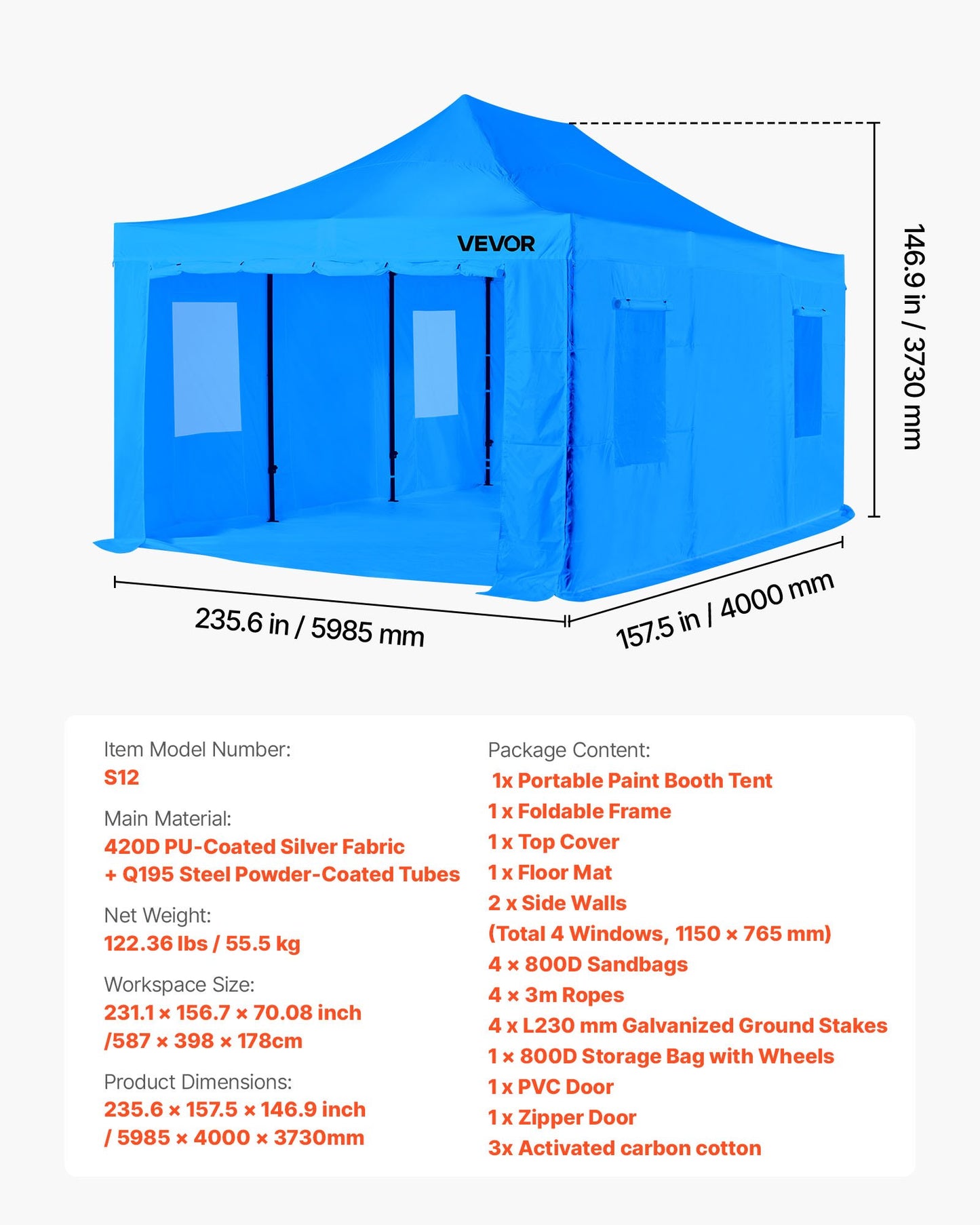 Portable Paint Booth Tent, 5870 x 3980 x 1780mm Portable Garage Spray Tent, Waterproof Spray Booth with Foldable Frame Design & 4 Mesh Side Windows for Auto Parts, Furniture, Car Painting