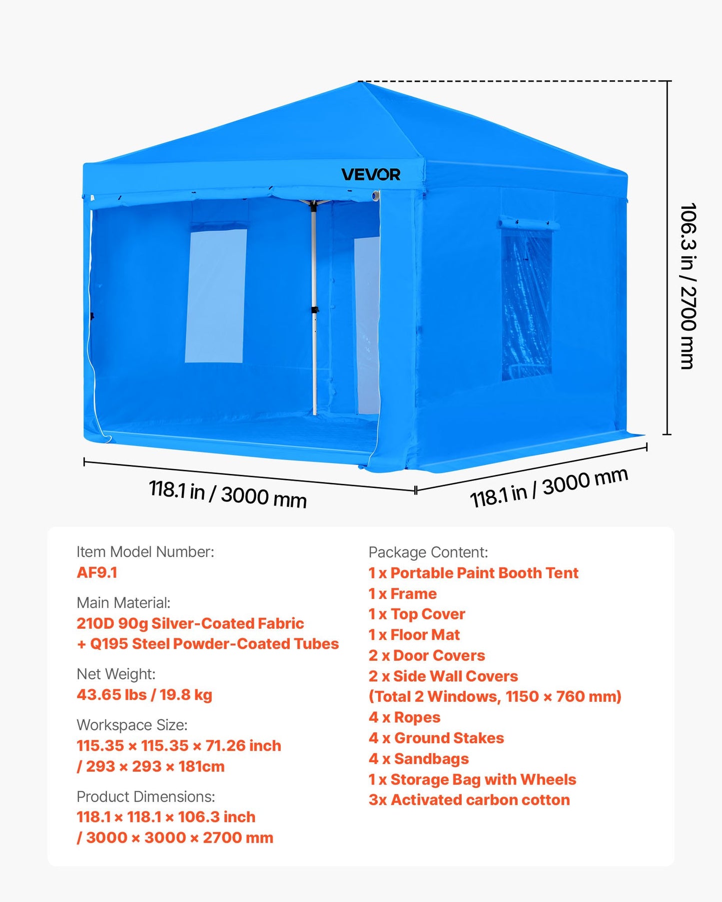 Portable Paint Booth Tent, 2930 x 2930 x 1810mm Portable Garage Spray Tent, Waterproof Spray Booth with Foldable Frame Design & 2 Mesh Side Windows for Auto Parts, Furniture, Motorcycle