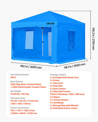 Portable Paint Booth Tent, 2930 x 2930 x 1810mm Portable Garage Spray Tent, Waterproof Spray Booth with Foldable Frame Design & 2 Mesh Side Windows for Auto Parts, Furniture, Motorcycle