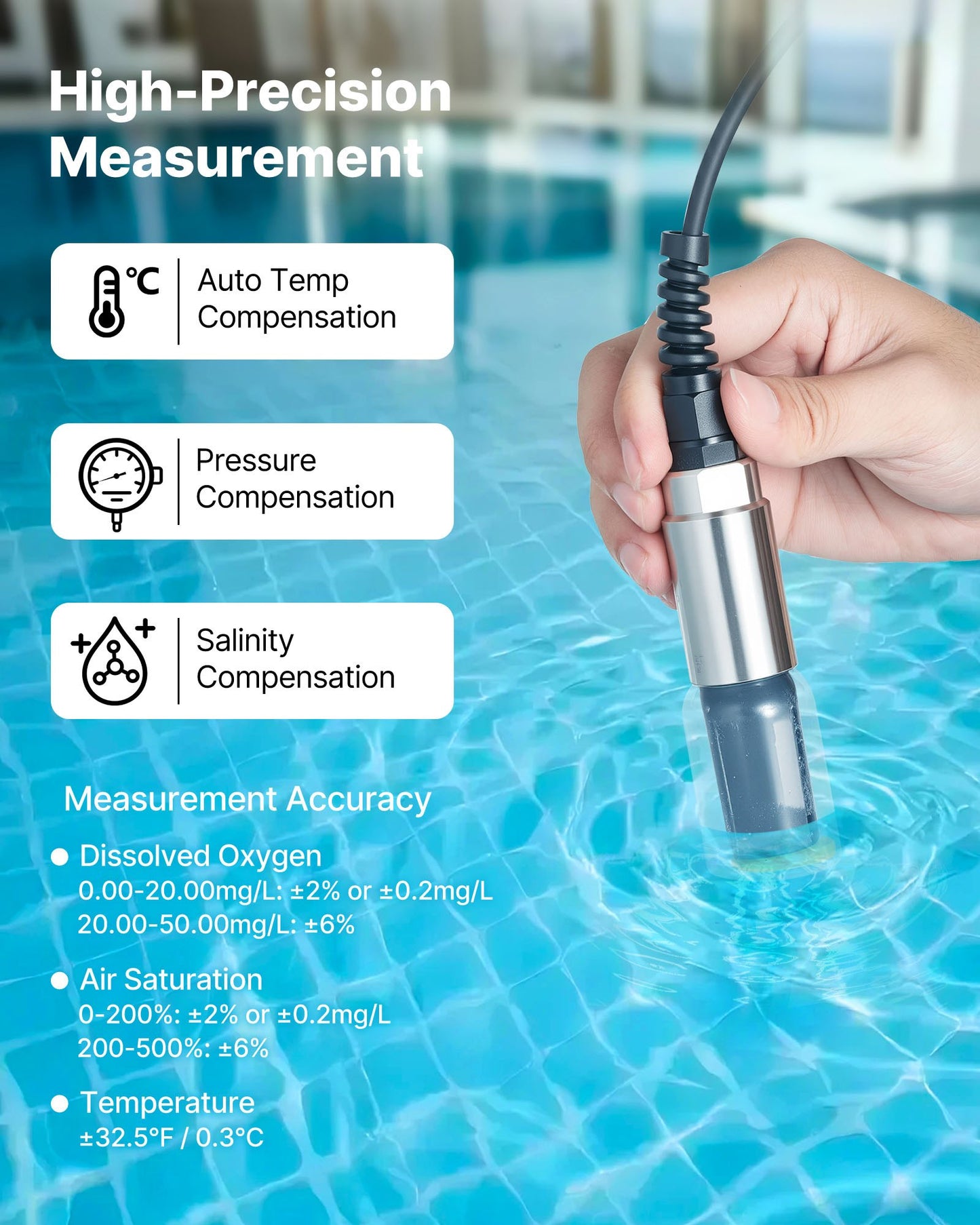 Dissolved Oxygen Meter, 0.0-50.0 mg/L Measurement Range, Portable Dissolved Oxygen Tester Kit with 4 m Electrode Cable, Bluetooth/USB Data Transfer, 750 Data Sets Storage, DO Meter for Ponds