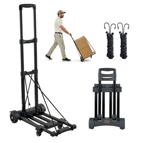 Folding Hand Truck, 131.5 kg Load Capacity, Collapsible Luggage Cart with 4 Wheels, 2 Elastic Ropes & Expandable Base, Utility Dolly Platform Cart for Airport Travel Luggage Office Moving, Black