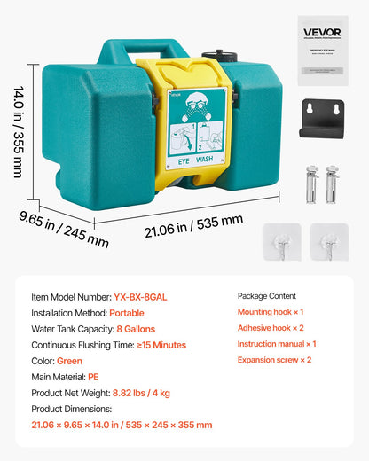 Portable Eye Wash Station 30L/8 Gal, OSHA-Approved Eyewash Station Wall-Mounted/On Flat Surface, Emergency Eye Wash Unit with 2 Sprays, First Aid Eyewash Units for Schools, Labs, Factories, Green